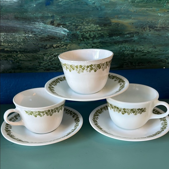 #3 Corelle  “Living  by Corning” Lazy Daisy Green Floral Teacup and Saucer Set - Picture 1 of 5